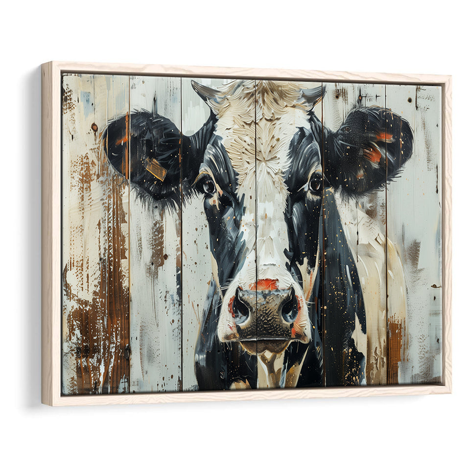 Dairy Cow Painted On Wood Background Rustic Art, Framed Canvas Print Wall Art Decor,Floating Frame