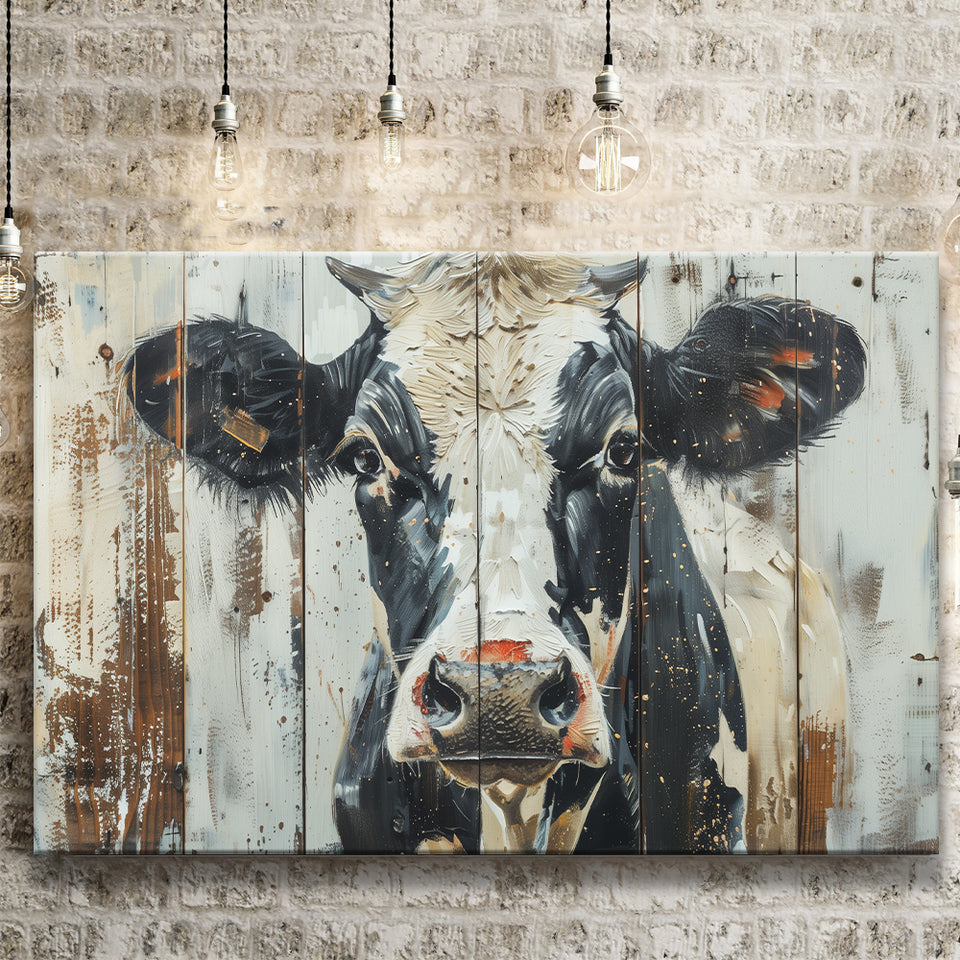 Dairy Cow Painted On Wood Background Rustic Art, Canvas Print Wall Art Decor, Landscape Art Print