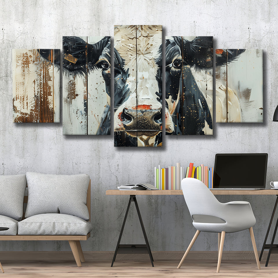 Dairy Cow Painted On Wood Background Rustic Art, Multi Panel Canvas Print Wall Art Decor, 5 Mixed Panel