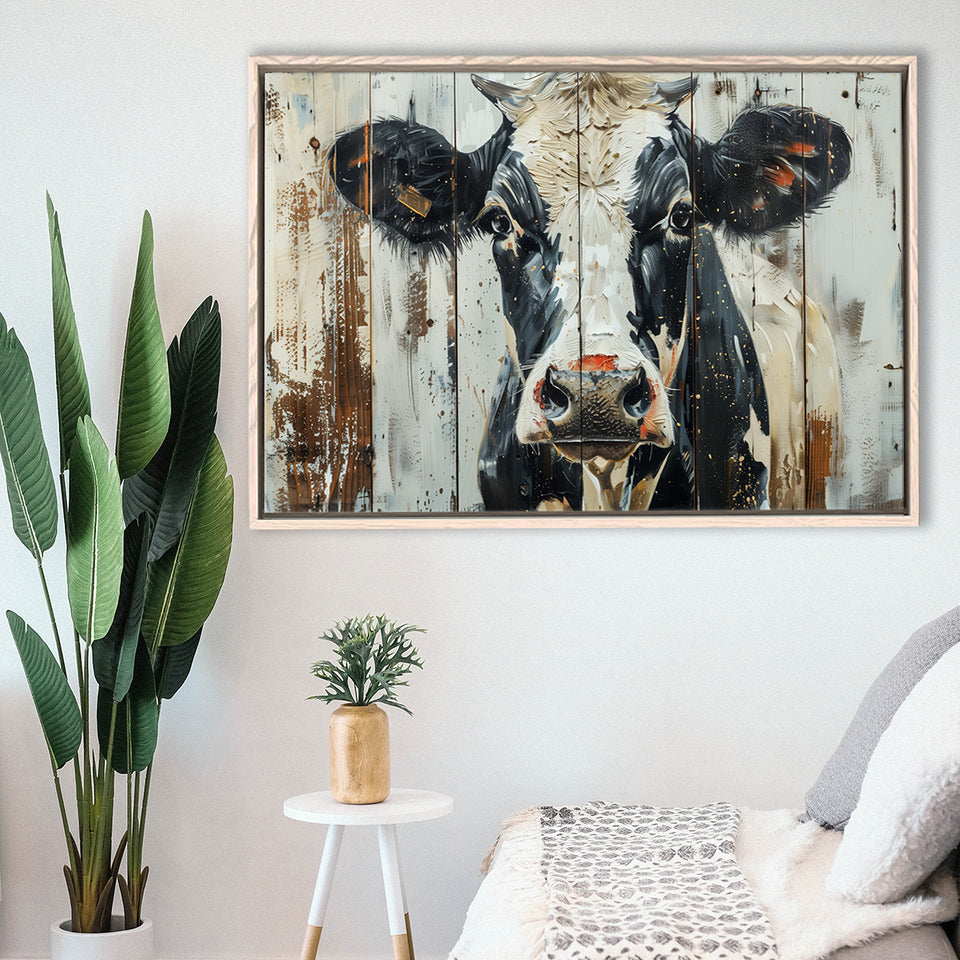 Dairy Cow Painted On Wood Background Rustic Art, Framed Canvas Print Wall Art Decor,Floating Frame