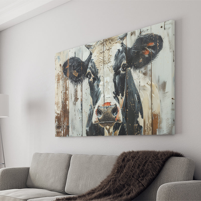 Dairy Cow Painted On Wood Background Rustic Art, Canvas Print Wall Art Decor, Landscape Art Print