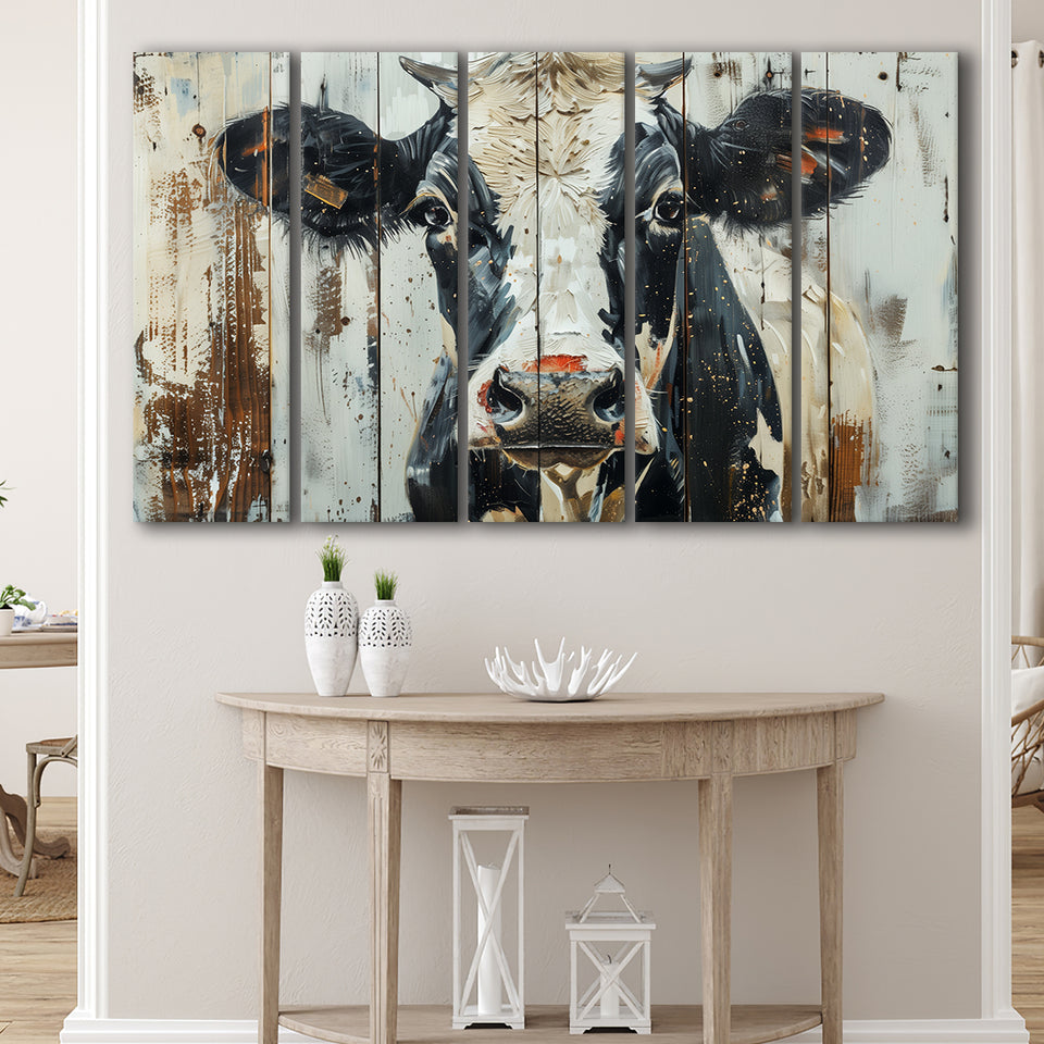Dairy Cow Painted On Wood Background Rustic Art, Extra Large Multi 5 Panel Canvas Print Wall Art Decor