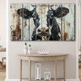 Dairy Cow Painted On Wood Background Rustic Art, Extra Large Multi 5 Panel Canvas Print Wall Art Decor