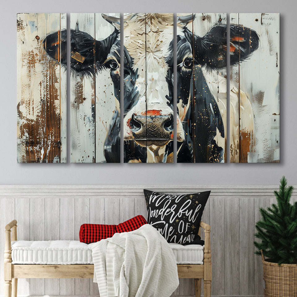 Dairy Cow Painted On Wood Background Rustic Art, Extra Large Multi 5 Panel Canvas Print Wall Art Decor