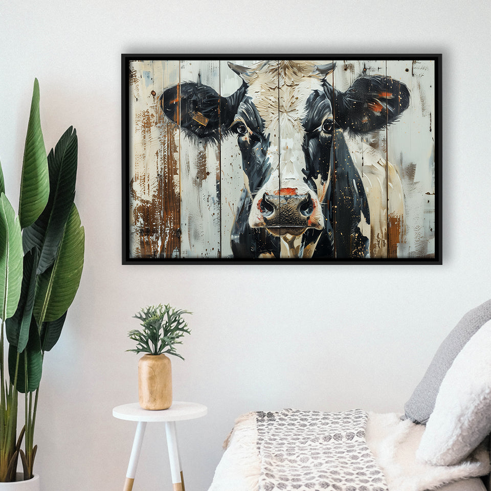 Dairy Cow Painted On Wood Background Rustic Art, Framed Canvas Print Wall Art Decor,Floating Frame