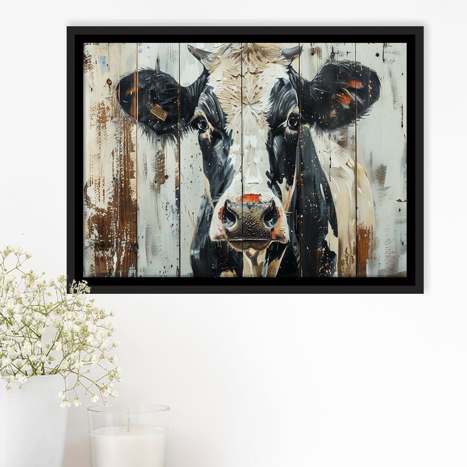 Dairy Cow Painted On Wood Background Rustic Art, Framed Canvas Print Wall Art Decor,Floating Frame