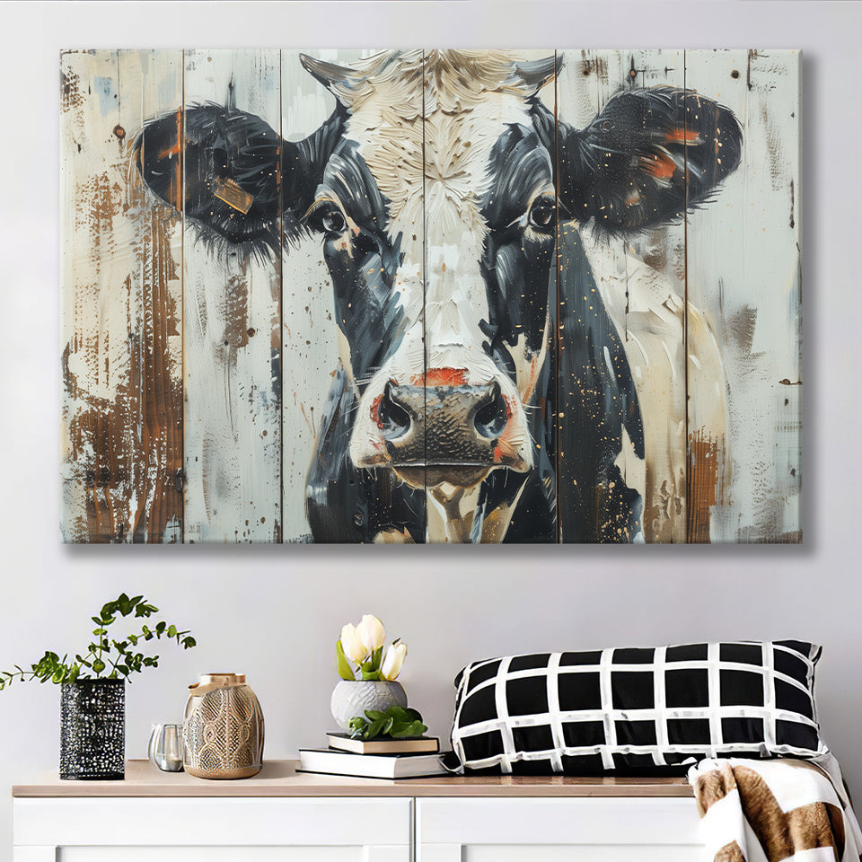 Dairy Cow Painted On Wood Background Rustic Art, Canvas Print Wall Art Decor, Landscape Art Print