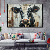 Dairy Cow Painted On Wood Background Rustic Art, Framed Canvas Print Wall Art Decor,Floating Frame