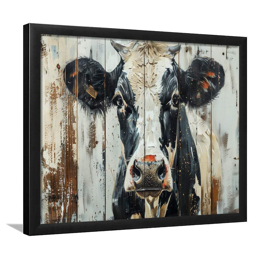 Dairy Cow Painted On Wood Background Rustic Art, Framed Art Print Wall Decor, Framed Picture