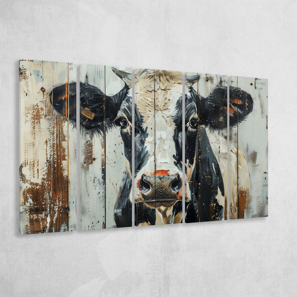 Dairy Cow Painted On Wood Background Rustic Art, Extra Large Multi 5 Panel Canvas Print Wall Art Decor