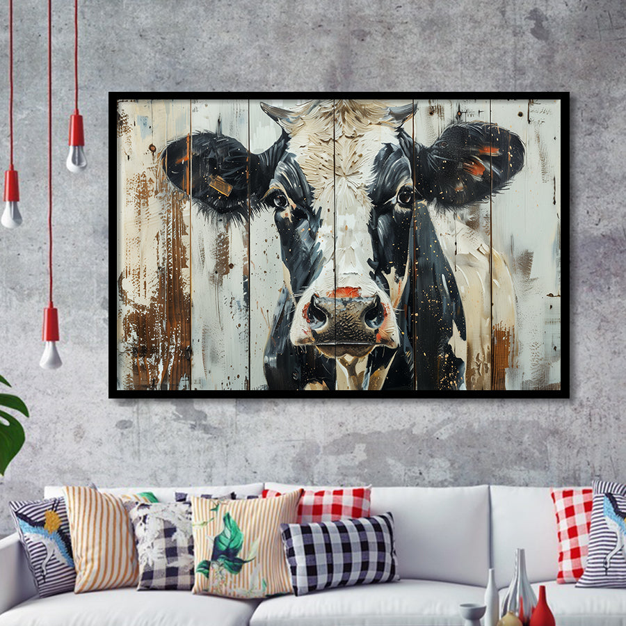 Dairy Cow Painted On Wood Background Rustic Art, Framed Art Print Wall Decor, Framed Picture