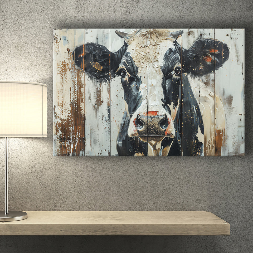 Dairy Cow Painted On Wood Background Rustic Art, Canvas Print Wall Art Decor, Landscape Art Print