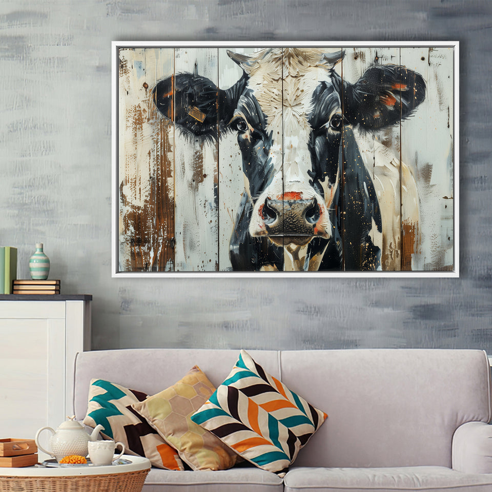 Dairy Cow Painted On Wood Background Rustic Art, Framed Canvas Print Wall Art Decor,Floating Frame
