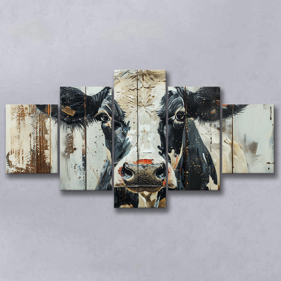 Dairy Cow Painted On Wood Background Rustic Art, Multi Panel Canvas Print Wall Art Decor, 5 Mixed Panel