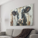 Dairy Cow Painted On Wood Background Rustic Art, Canvas Print Wall Art Decor, Landscape Art Print
