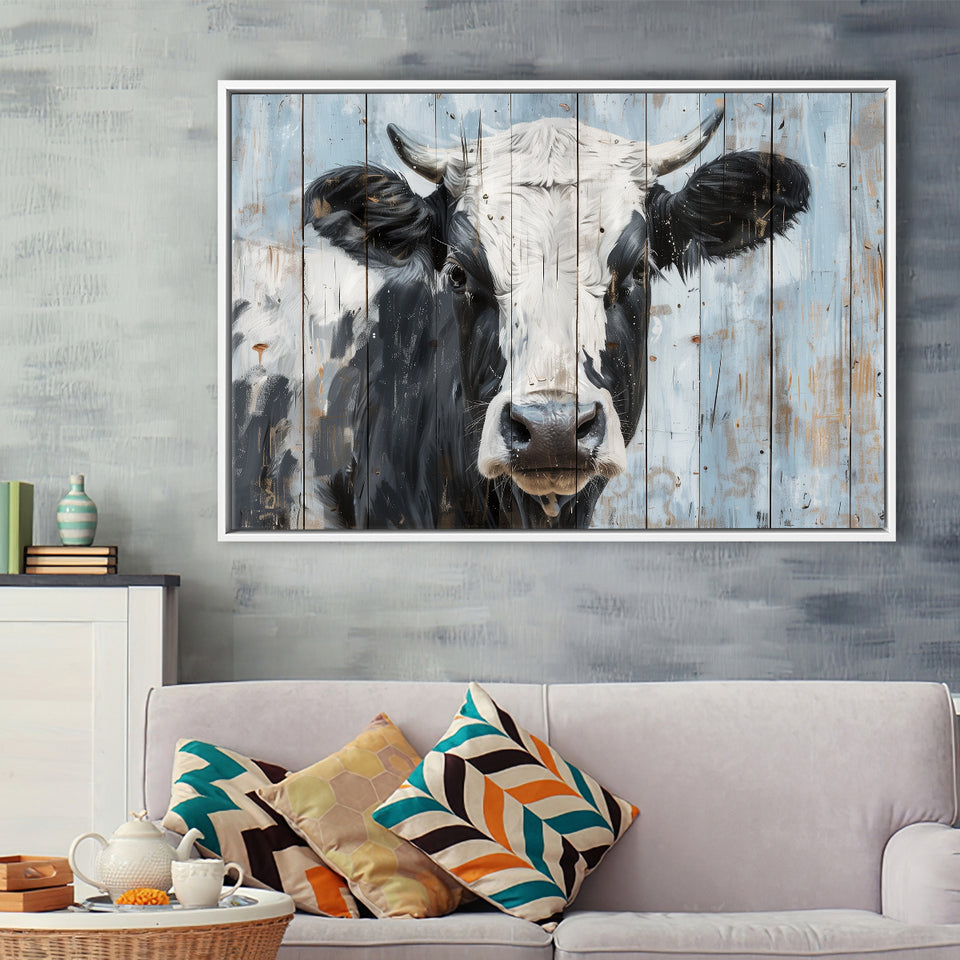 Dairy Cow Painted On Wood Rustic Art 2, Framed Canvas Print Wall Art Decor,Floating Frame