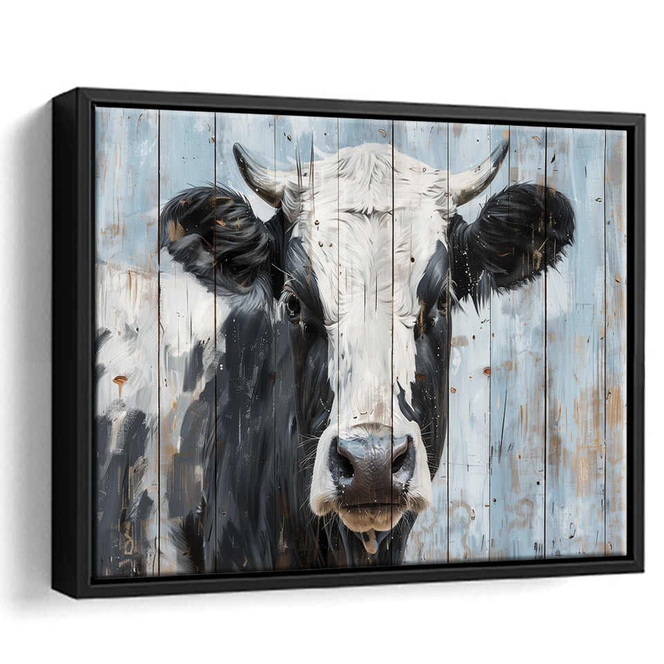 Dairy Cow Painted On Wood Rustic Art 2, Framed Canvas Print Wall Art Decor,Floating Frame
