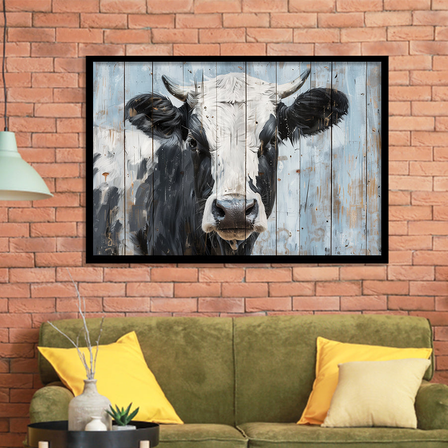 Dairy Cow Painted On Wood Rustic Art 2, Framed Art Print Wall Decor, Framed Picture