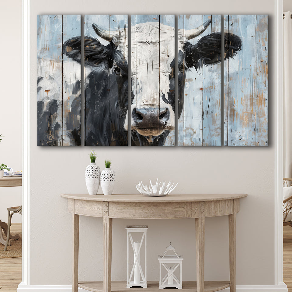 Dairy Cow Painted On Wood Rustic Art 2, Extra Large Multi 5 Panel Canvas Print Wall Art Decor
