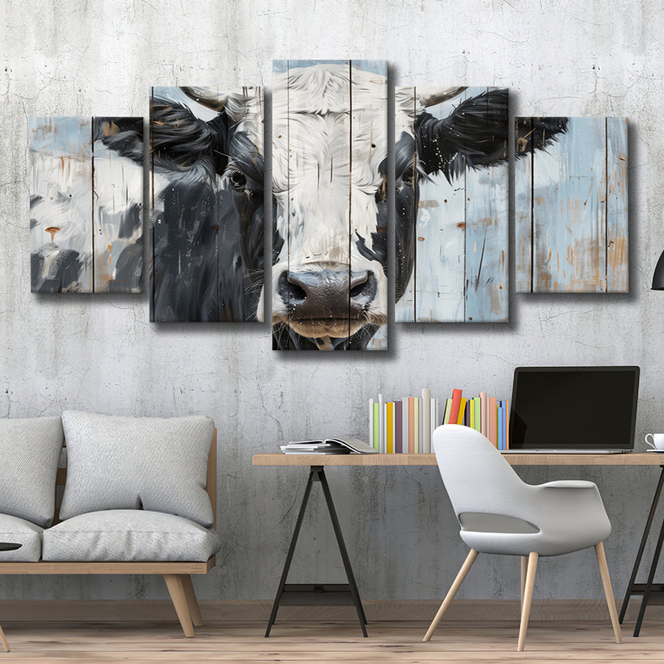 Dairy Cow Painted On Wood Rustic Art 2, Multi Panel Canvas Print Wall Art Decor, 5 Mixed Panel