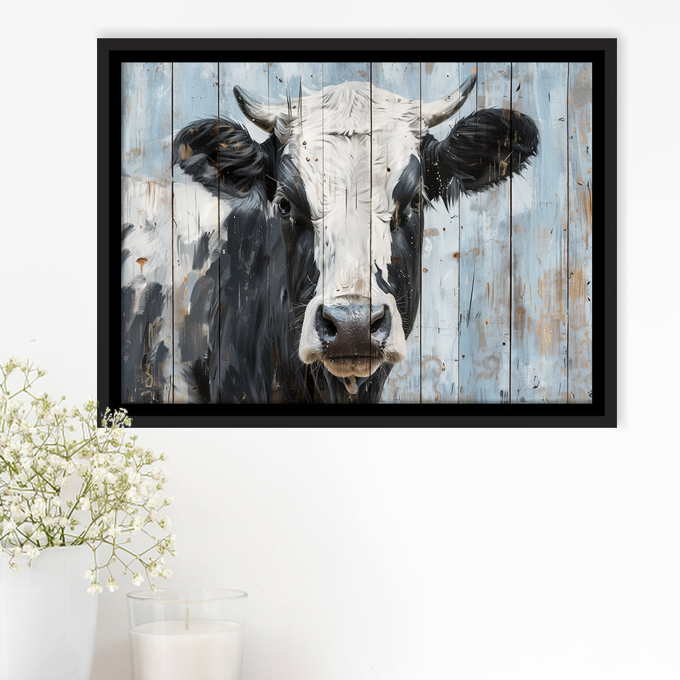 Dairy Cow Painted On Wood Rustic Art 2, Framed Canvas Print Wall Art Decor,Floating Frame