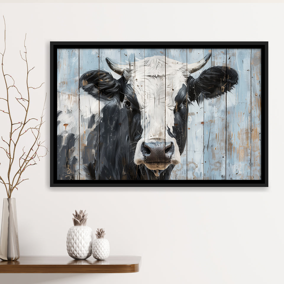Dairy Cow Painted On Wood Rustic Art 2, Framed Canvas Print Wall Art Decor,Floating Frame