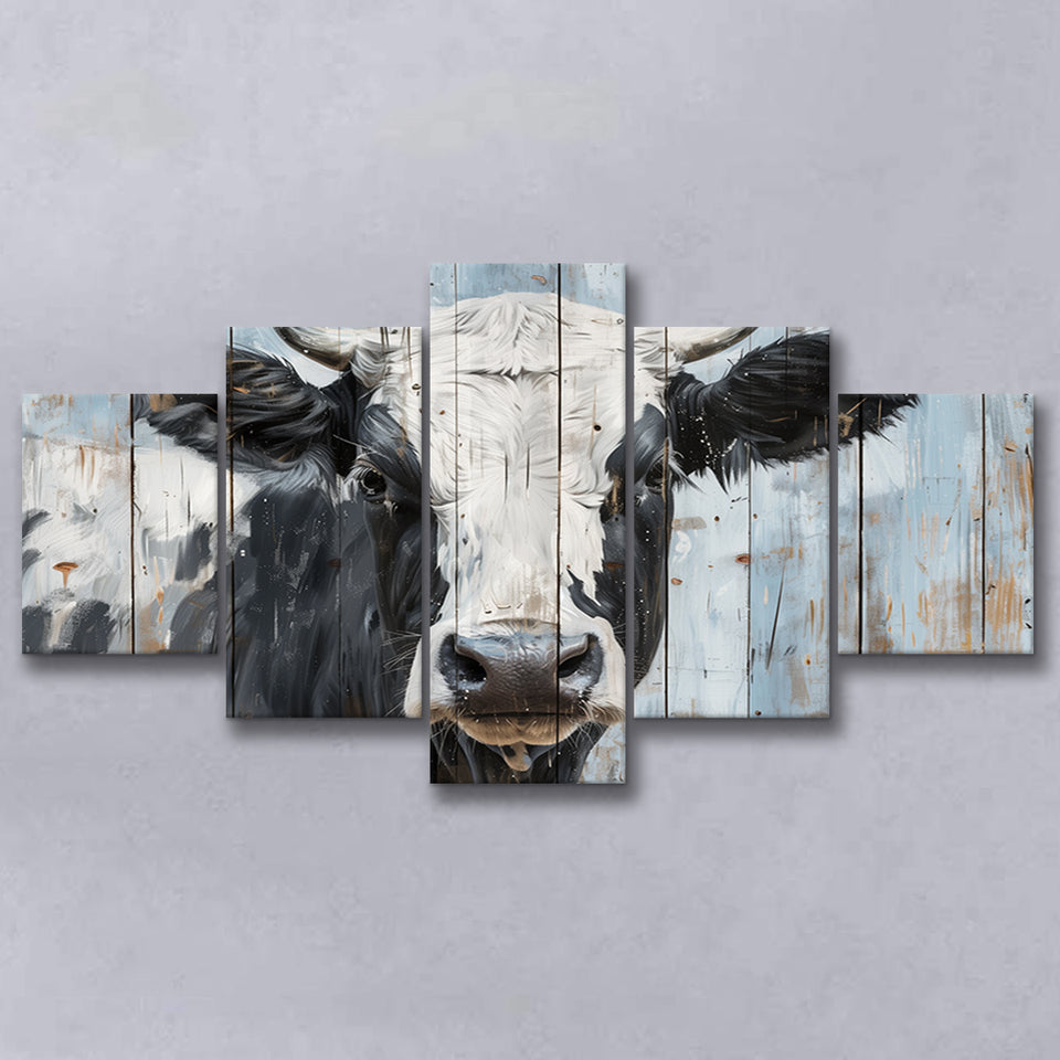 Dairy Cow Painted On Wood Rustic Art 2, Multi Panel Canvas Print Wall Art Decor, 5 Mixed Panel