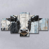 Dairy Cow Painted On Wood Rustic Art 2, Multi Panel Canvas Print Wall Art Decor, 5 Mixed Panel