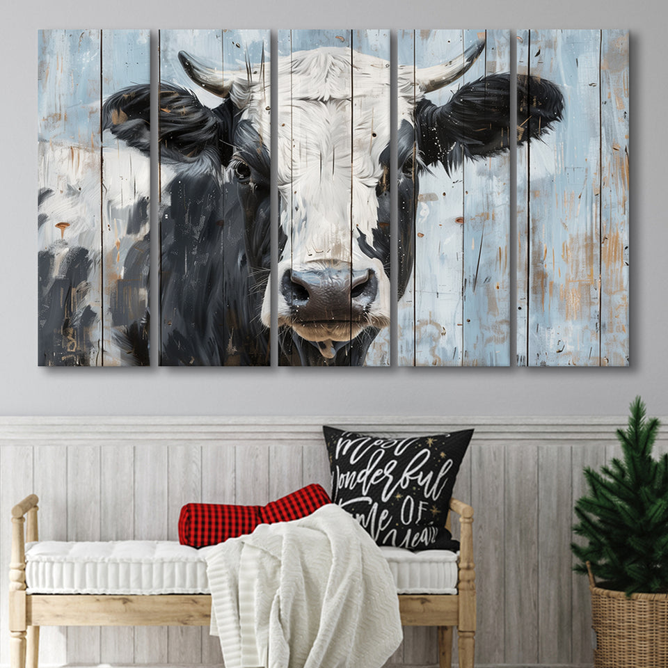 Dairy Cow Painted On Wood Rustic Art 2, Extra Large Multi 5 Panel Canvas Print Wall Art Decor