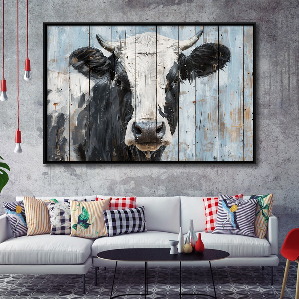 Dairy Cow Painted On Wood Rustic Art 2, Framed Canvas Print Wall Art Decor,Floating Frame
