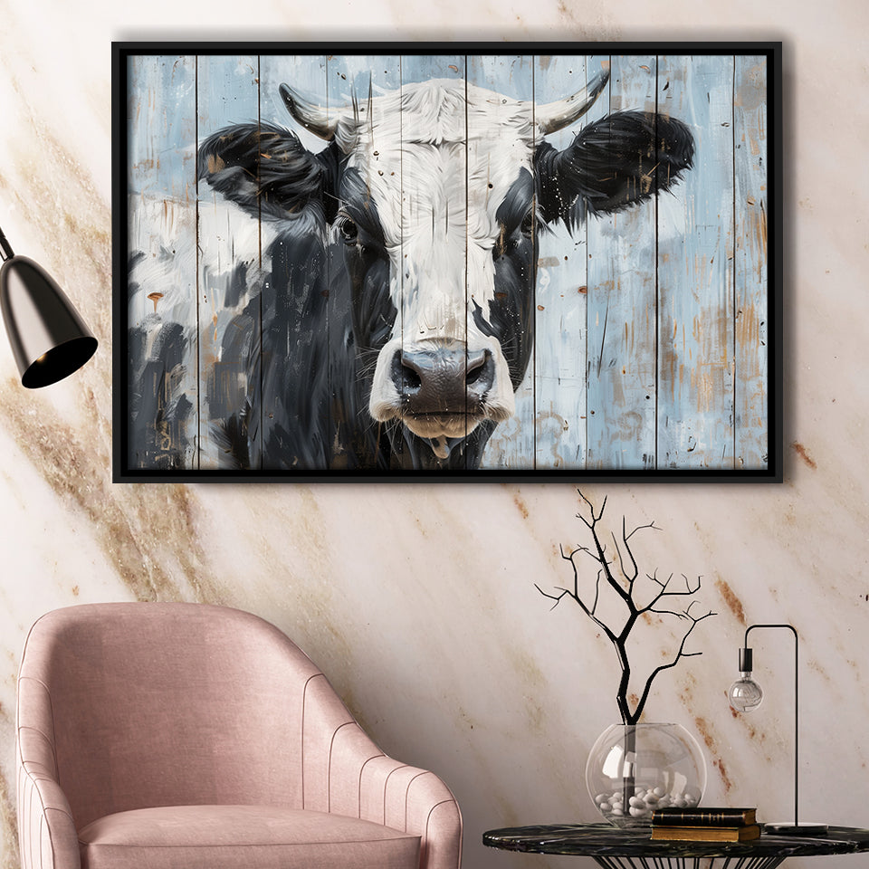Dairy Cow Painted On Wood Rustic Art 2, Framed Canvas Print Wall Art Decor,Floating Frame