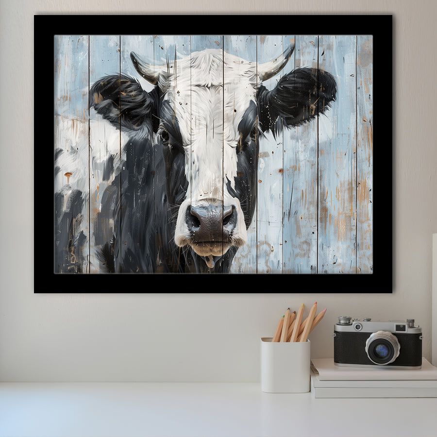 Dairy Cow Painted On Wood Rustic Art 2, Framed Art Print Wall Decor, Framed Picture