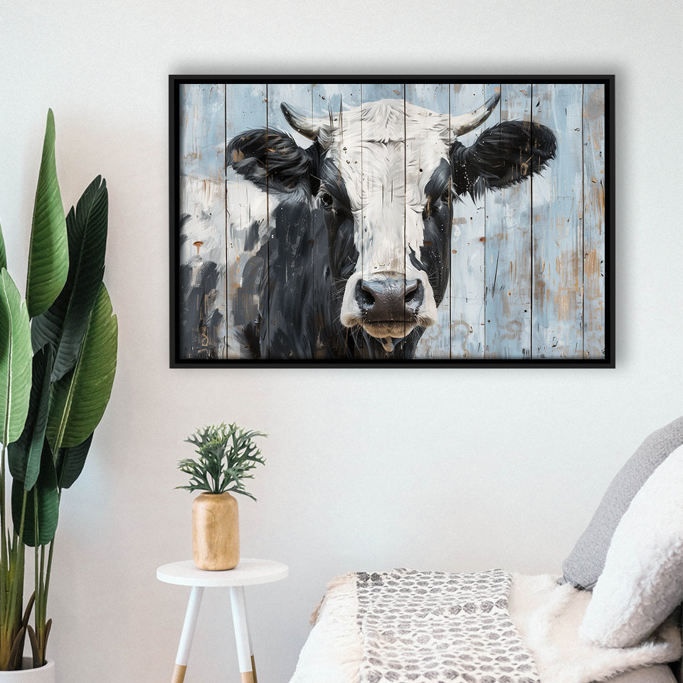 Dairy Cow Painted On Wood Rustic Art 2, Framed Canvas Print Wall Art Decor,Floating Frame