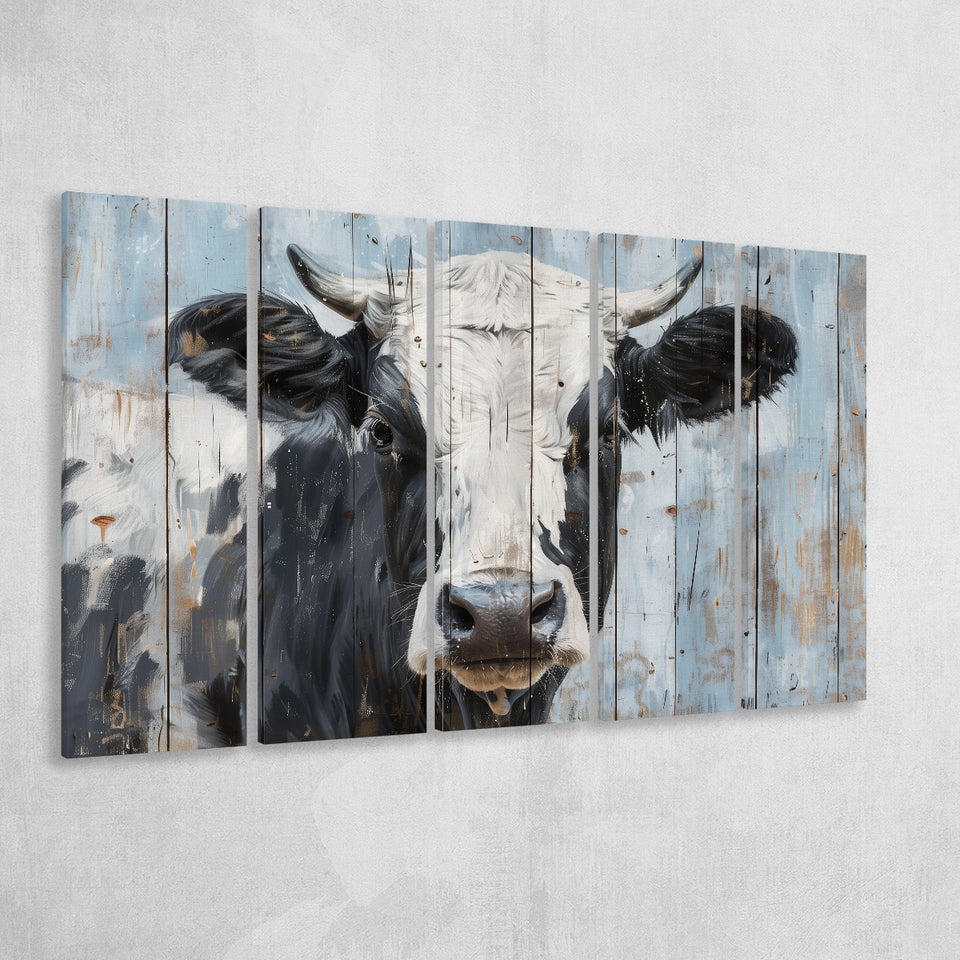 Dairy Cow Painted On Wood Rustic Art 2, Extra Large Multi 5 Panel Canvas Print Wall Art Decor