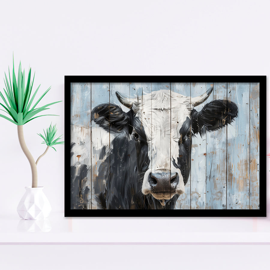 Dairy Cow Painted On Wood Rustic Art 2, Framed Art Print Wall Decor, Framed Picture