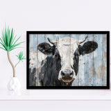 Dairy Cow Painted On Wood Rustic Art 2, Framed Art Print Wall Decor, Framed Picture