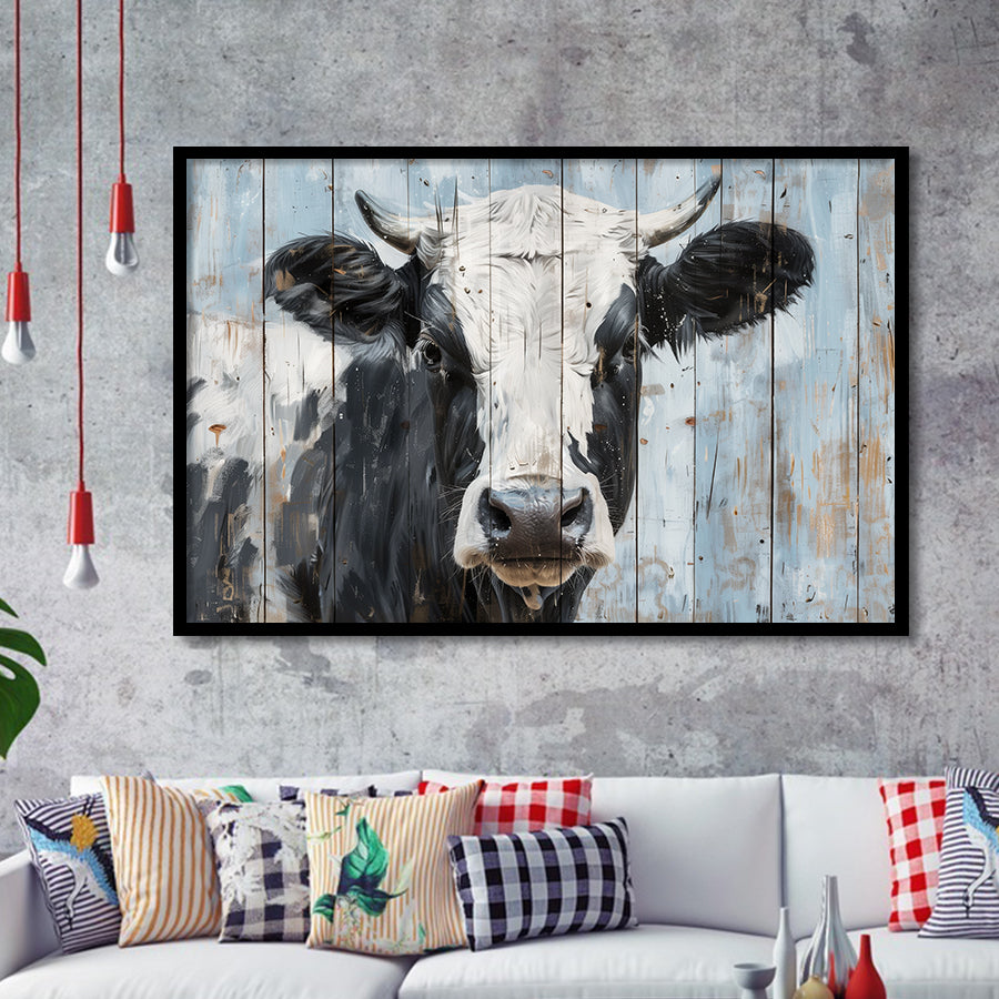 Dairy Cow Painted On Wood Rustic Art 2, Framed Art Print Wall Decor, Framed Picture