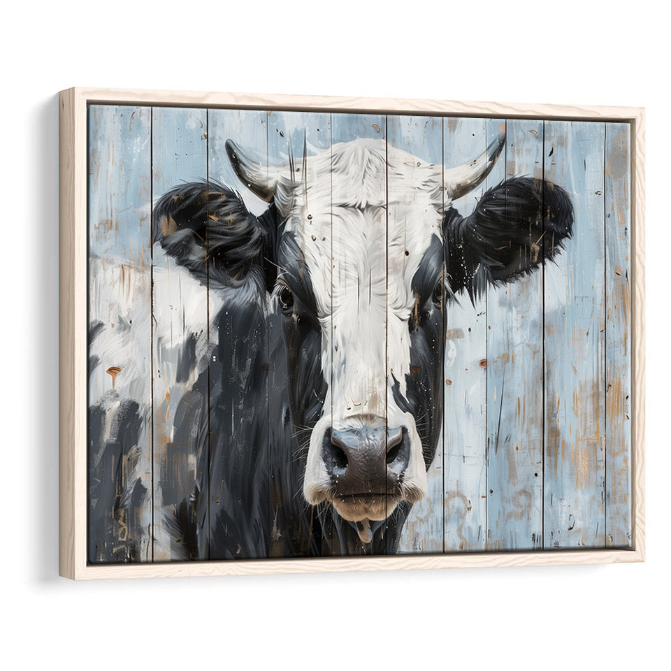Dairy Cow Painted On Wood Rustic Art 2, Framed Canvas Print Wall Art Decor,Floating Frame