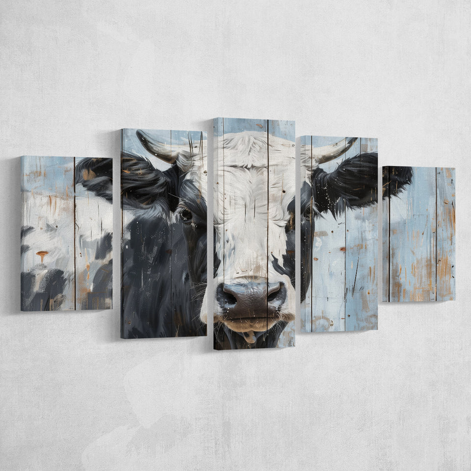 Dairy Cow Painted On Wood Rustic Art 2, Multi Panel Canvas Print Wall Art Decor, 5 Mixed Panel