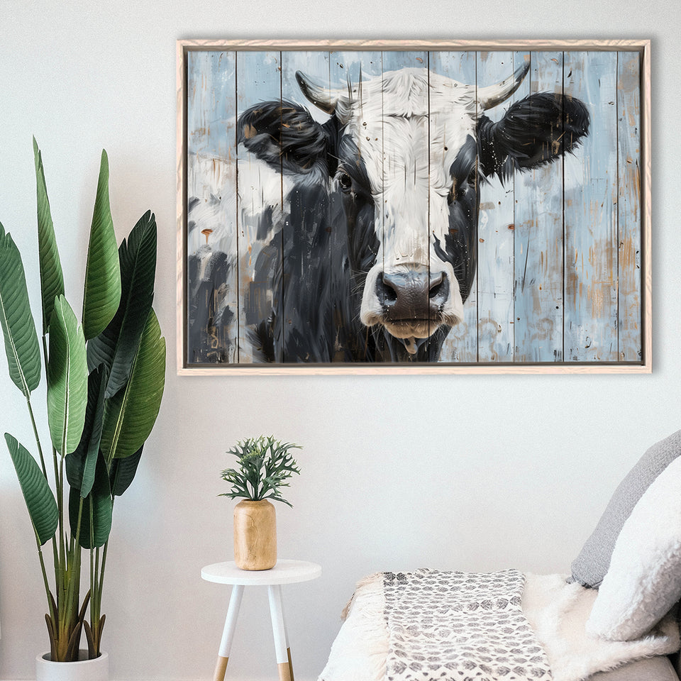 Dairy Cow Painted On Wood Rustic Art 2, Framed Canvas Print Wall Art Decor,Floating Frame