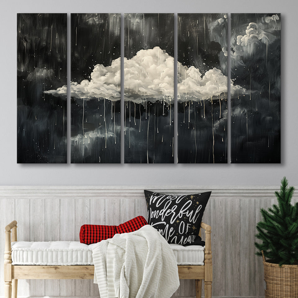 Dark Academia Cloud Raining Art, Extra Large Multi 5 Panel Canvas Print Wall Art Decor