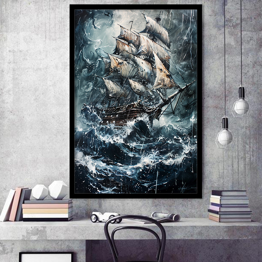 Dark Academia Painting The Pirate Ship,Framed Art Prints Wall Decor, Picture Framed