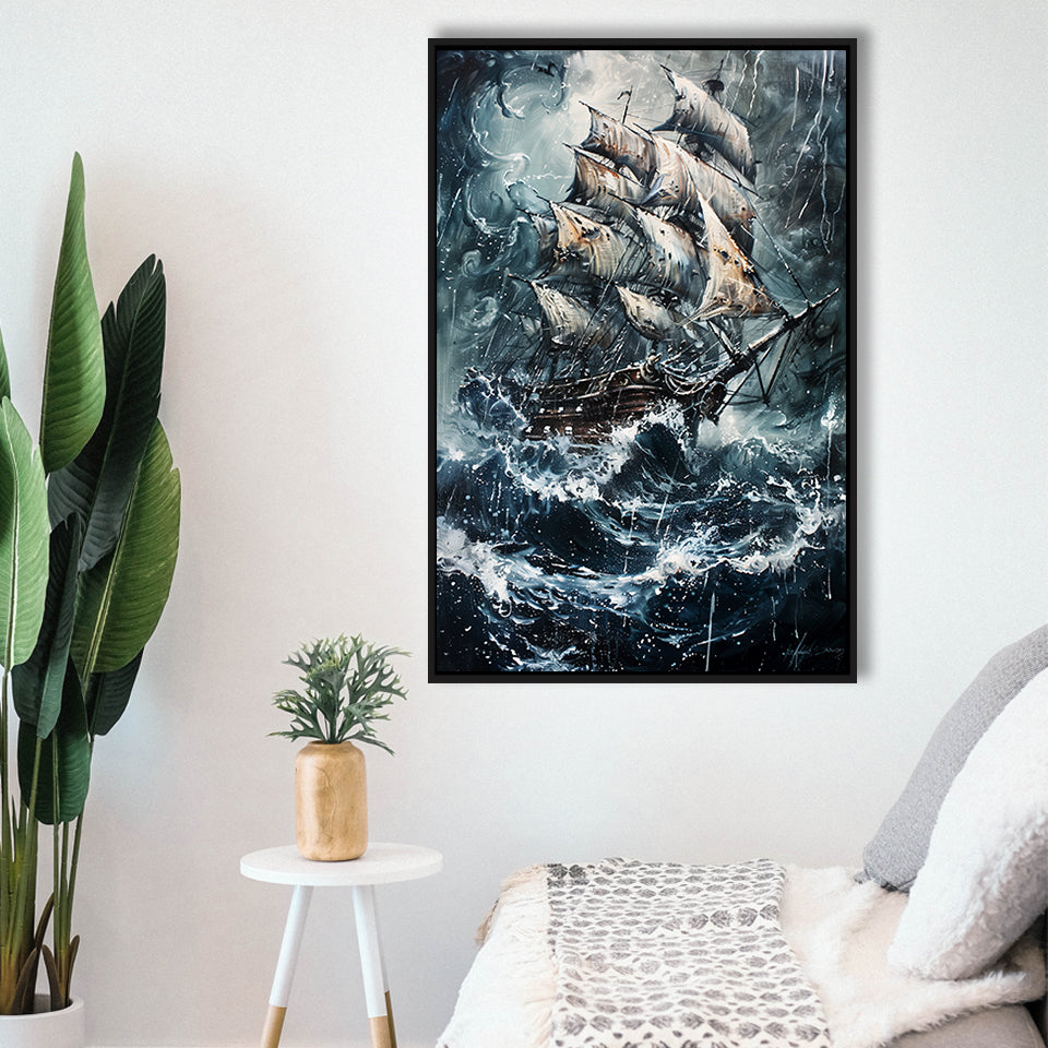 Dark Academia Painting The Pirate Ship,Framed Canvas Prints Wall Art Decor, Floating Frame