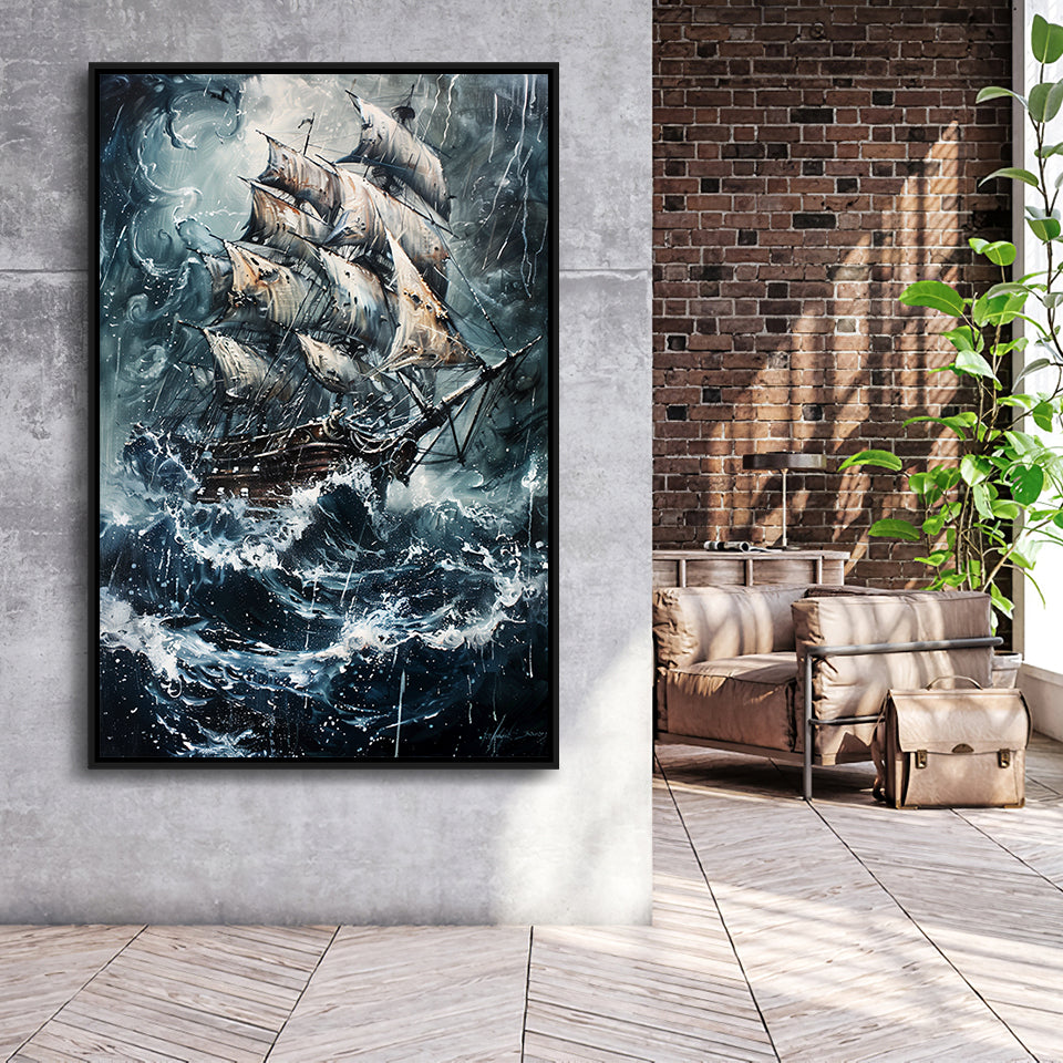 Dark Academia Painting The Pirate Ship,Framed Canvas Prints Wall Art Decor, Floating Frame
