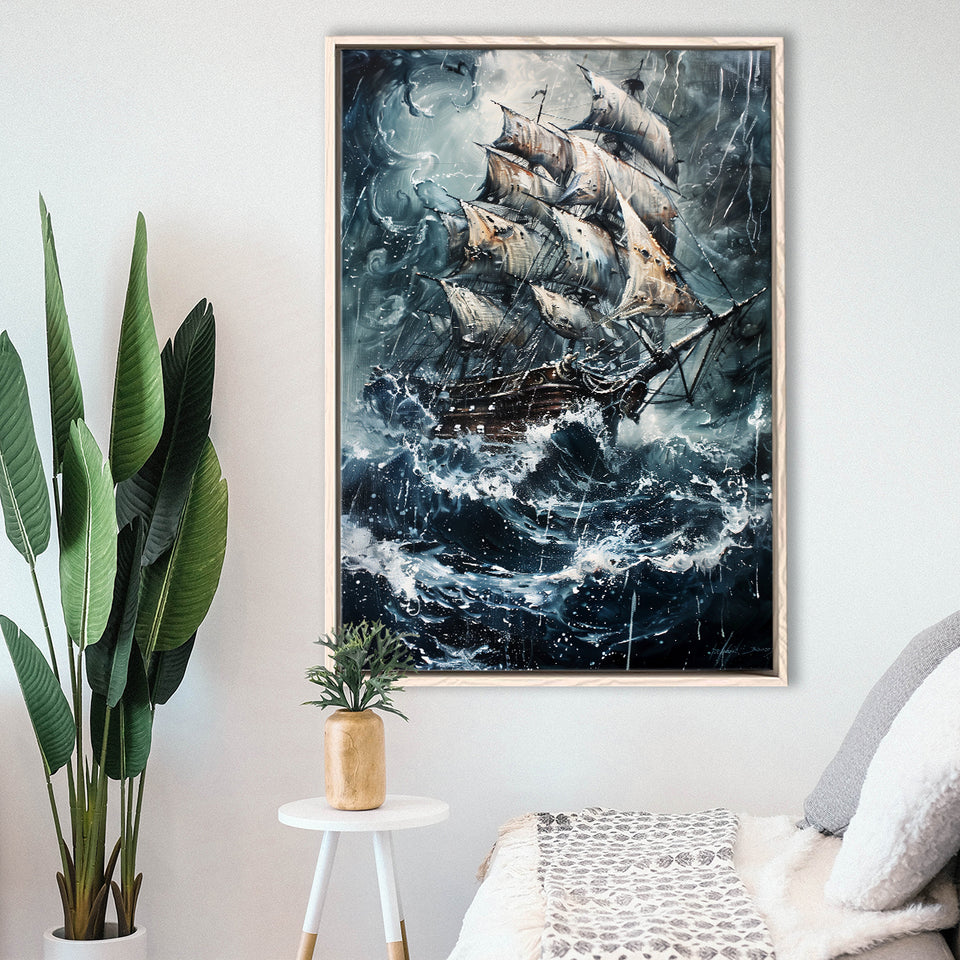 Dark Academia Painting The Pirate Ship,Framed Canvas Prints Wall Art Decor, Floating Frame
