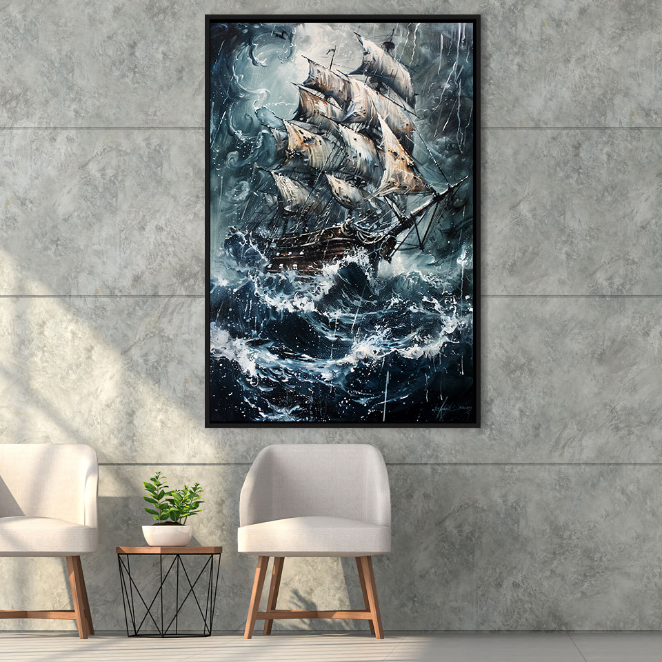 Dark Academia Painting The Pirate Ship,Framed Canvas Prints Wall Art Decor, Floating Frame