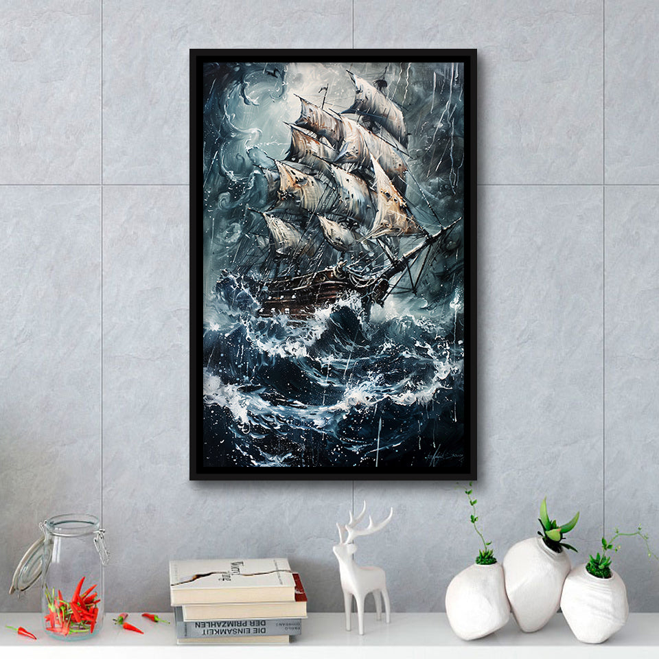 Dark Academia Painting The Pirate Ship,Framed Canvas Prints Wall Art Decor, Floating Frame