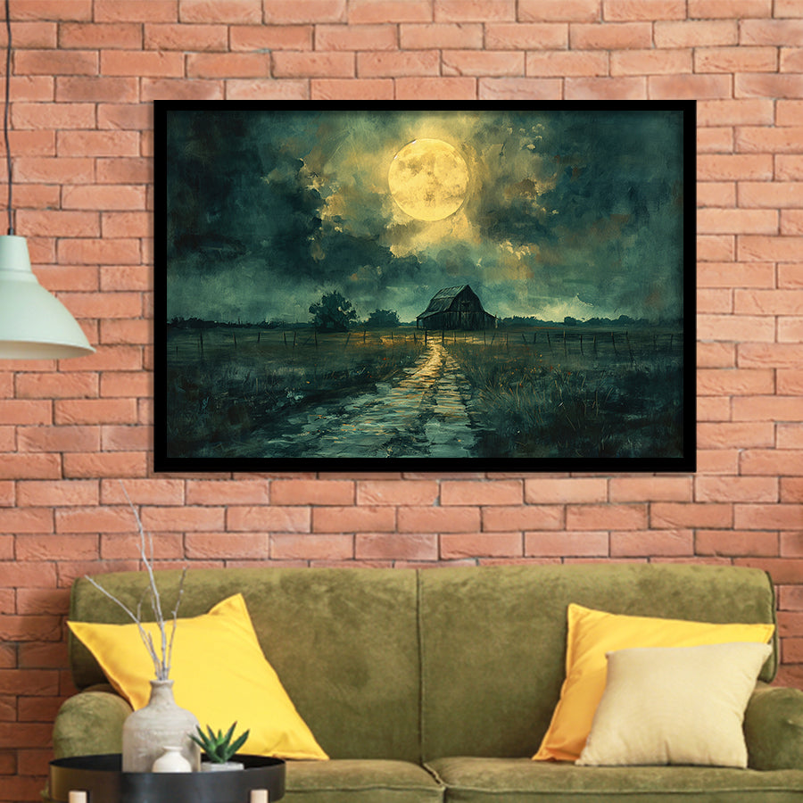 Dark Clouds Over The Backyard Garden Moonlight, Painting Art, Framed Art Print Wall Art Home Decor