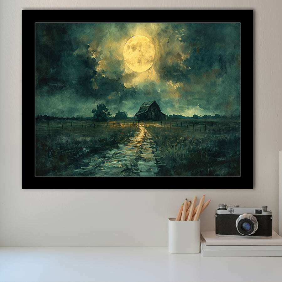 Dark Clouds Over The Backyard Garden Moonlight, Painting Art, Framed Art Print Wall Art Home Decor