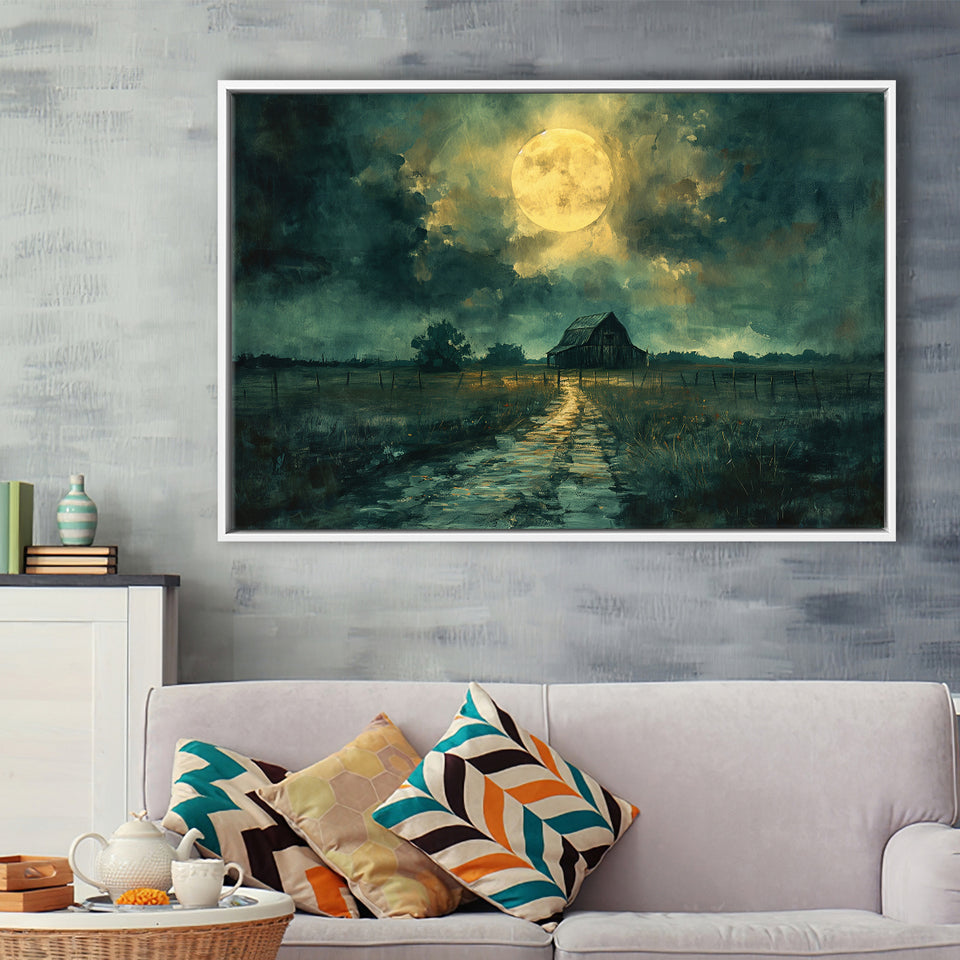 Dark Clouds Over The Backyard Garden Moonlight, Floating Frame, Framed Canvas Print Wall Art Home Decor